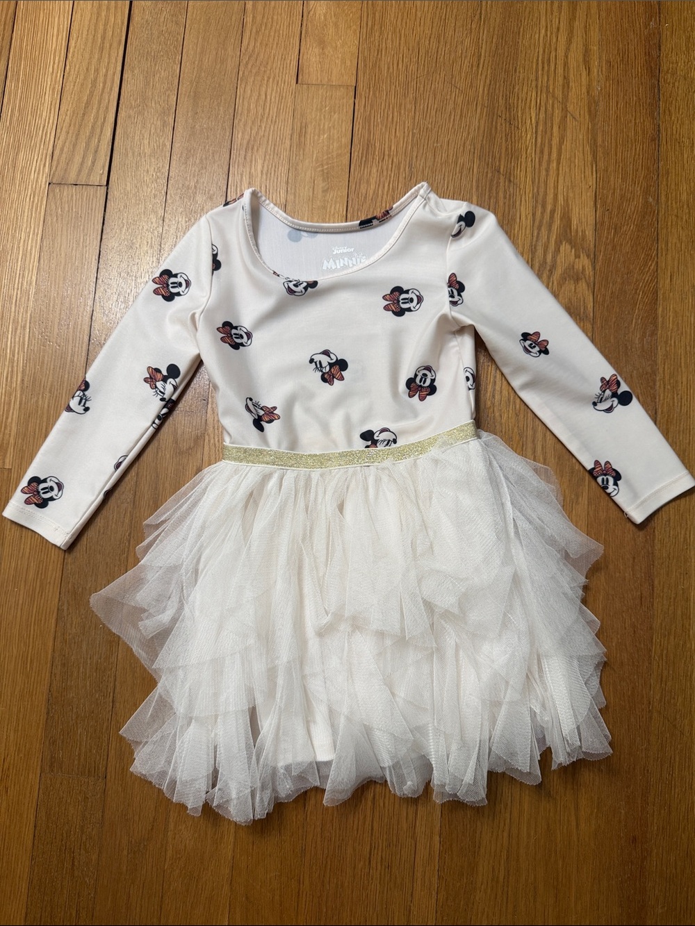 Cream Minnie Mouse Tulle Dress for Girls with Gold Waistband